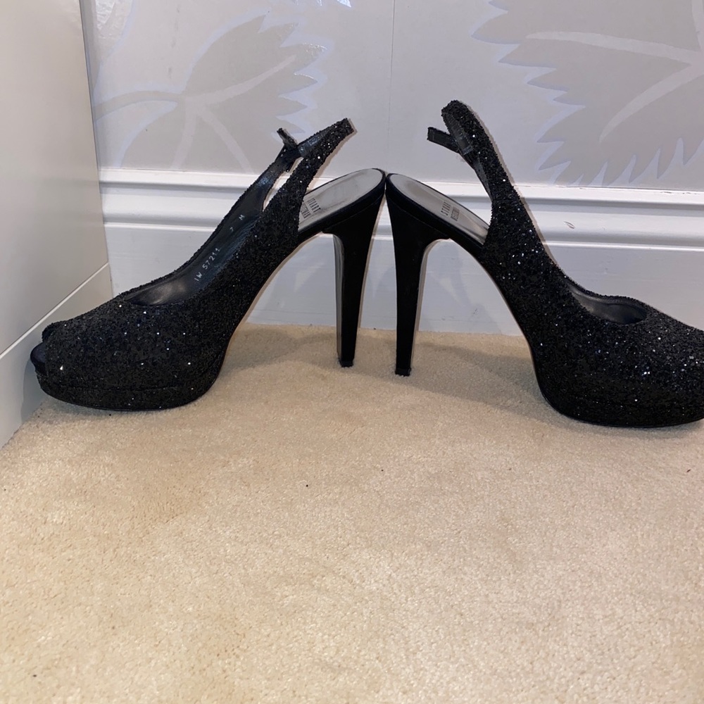 Stuart weitzman black glitter wedge heel size 7